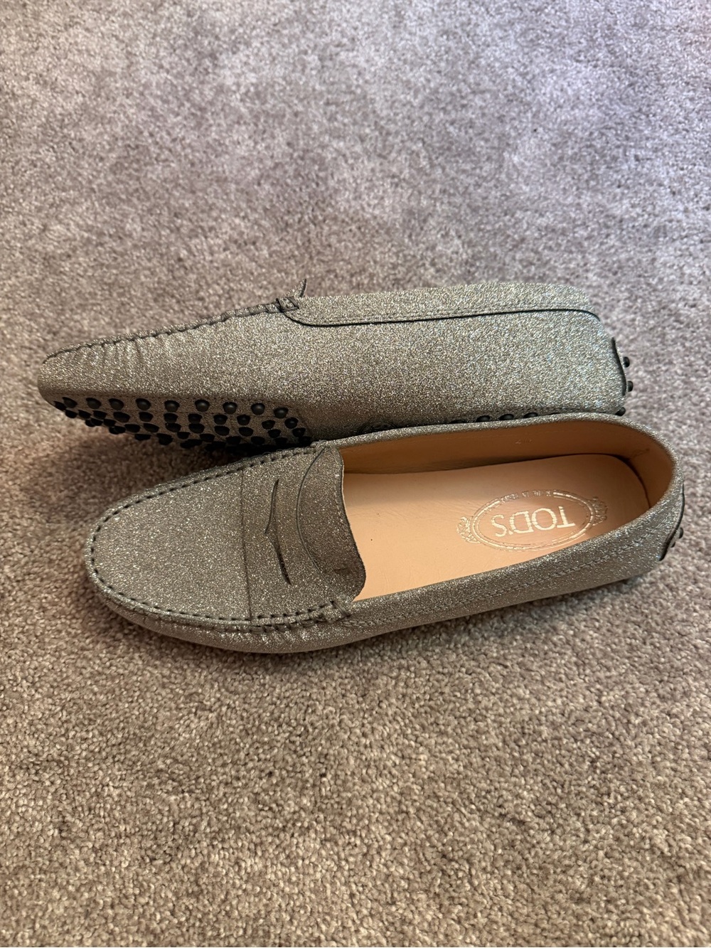 Tod's Silver Glitter Leather Gommino Driving Shoes - Picture 6 of 8